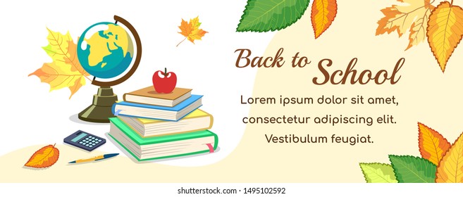 Horizontal banner. School supplies on the autumn background. Vector illustration