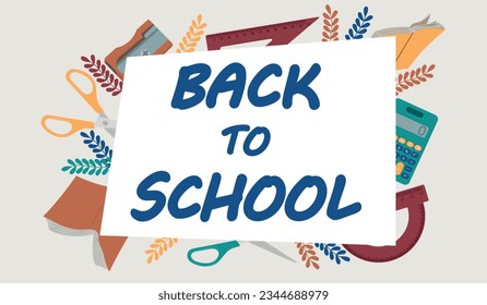 Horizontal banner with school supplies pattern. Back to school concept. Vector illustration