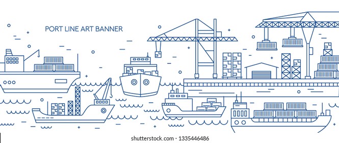 Horizontal banner with sea port, marine cargo terminal, freight vessels or ships carrying containers drawn with contour lines. Maritime transportation. Monochrome vector illustration in linear style.