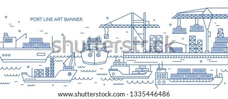 Horizontal banner with sea port, marine cargo terminal, freight vessels or ships carrying containers drawn with contour lines. Maritime transportation. Monochrome vector illustration in linear style.