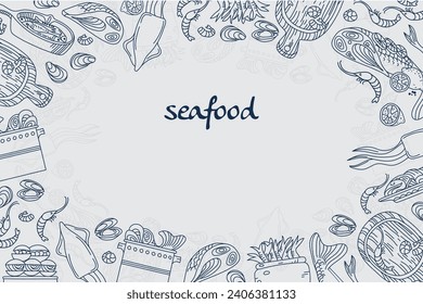 Banner horizontal con mariscos y espacio para copiar en el centro. Ilustración vectorial para restaurantes, industria pesquera, tiendas de mercado y menú.