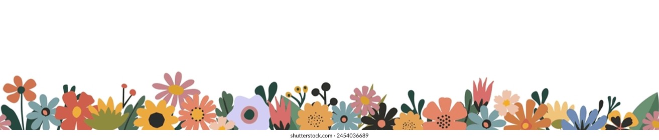 Horizontal banner, seamless border with gorgeous multicolored blooming abstract flowers and leaves. Spring botanical flat vector illustration isolated on white background.