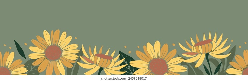 Anuncio Horizontal, borde sin costuras con hermosos girasoles y hojas amarillas florecientes. Ilustración vectorial plana botánica de verano, otoño aislada sobre fondo verde salvia.	