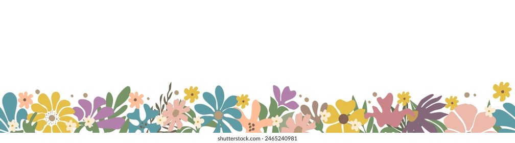 Horizontal banner, seamless border with gorgeous multicolored blooming abstract flowers and leaves. Summer botanical flat vector illustration isolated on transparent background.	