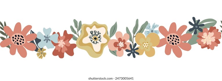 Horizontal banner, seamless border with gorgeous multicolored blooming abstract flowers and leaves. Summer botanical flat vector illustration isolated on white background.