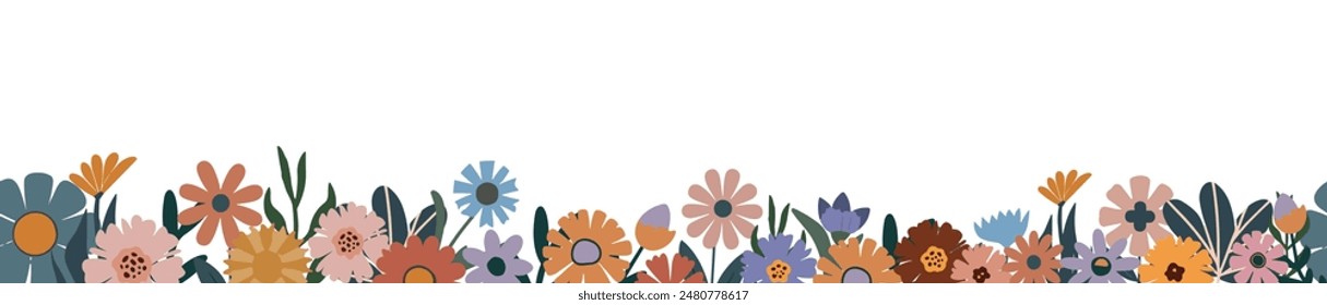 Anuncio Horizontal, borde sin costuras con hermosas flores y hojas abstractas multicolores que florecen. Ilustración vectorial plana botánica de verano aislada sobre fondo blanco.
