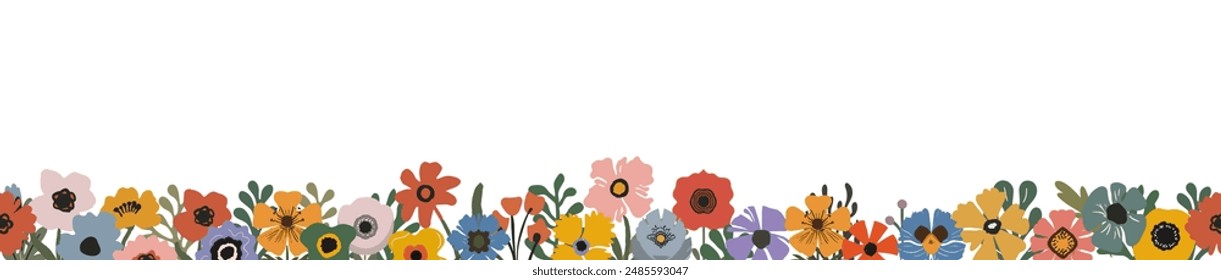 Horizontal banner, seamless border with gorgeous multicolored blooming poppy flowers and leaves. Summer botanical flat vector illustration isolated on white background.