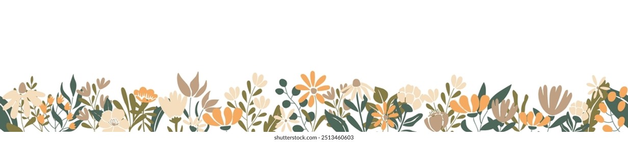 Horizontal banner, seamless border with gorgeous multicolored hand drawn blooming wild flowers and leaves. Summer, autumn botanical flat vector illustration isolated on white background.