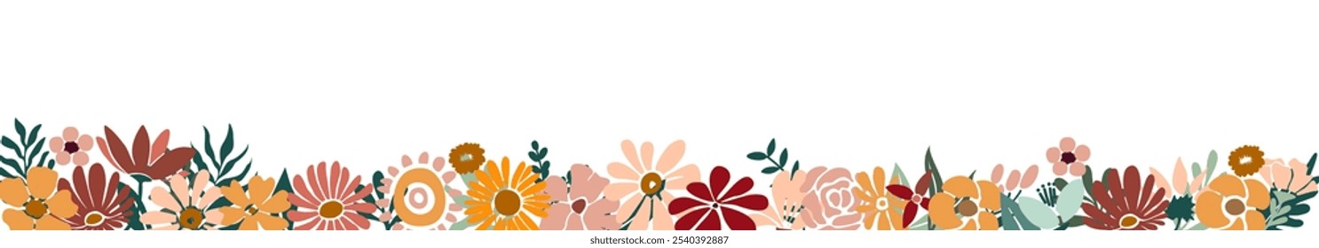 Horizontales Banner, nahtloser Rand mit wunderschönen mehrfarbigen blühenden abstrakten Blumen und Blättern. Botanische flache Vektorgrafik im Frühling, einzeln auf weißem Hintergrund.	