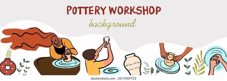 Horizontal banner , seamless border, pottery workshop. Vector flat line hand drawn isolated illustration. 