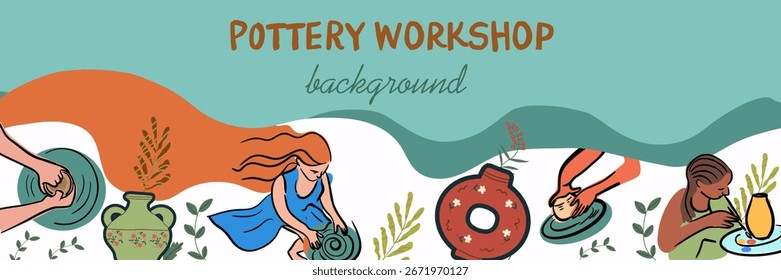 Anuncio Horizontal, borde sin costuras, taller de cerámica. Vector de línea plana dibujado a mano ilustración aislada. 
