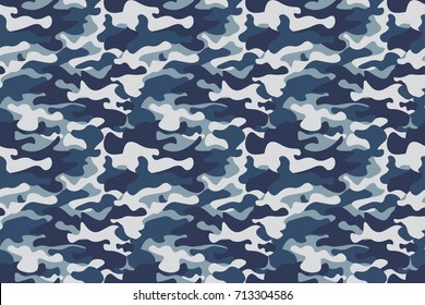 Horizontal banner seamless camouflage pattern background. Classic clothing style masking camo repeat print. Blue, navy cerulean grey colors forest texture. Design element. Vector illustration.