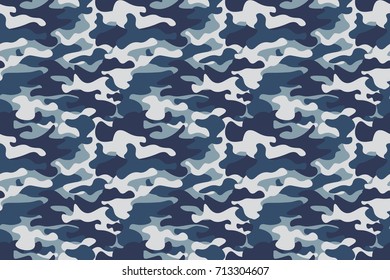 Horizontal banner seamless camouflage pattern background. Classic clothing style masking camo repeat print. Blue, navy cerulean grey colors forest texture. Design element. Vector illustration.