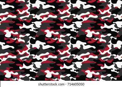 Horizontal banner seamless camouflage pattern background. Classic clothing style masking camo repeat print. Red, white, brown black colors forest texture. Design element. Vector illustration