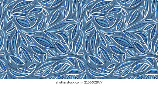 Horizontal banner. Seamless pattern. Blue leaves. For the design of websites.