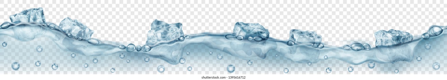 Horizontal banner with seamless wave. Many translucent gray ice cubes and many air bubbles floating in water on transparent background. Transparency only in vector format