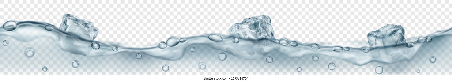 Horizontal banner with seamless wave. Three translucent gray ice cubes and many air bubbles floating in water on transparent background. Transparency only in vector format
