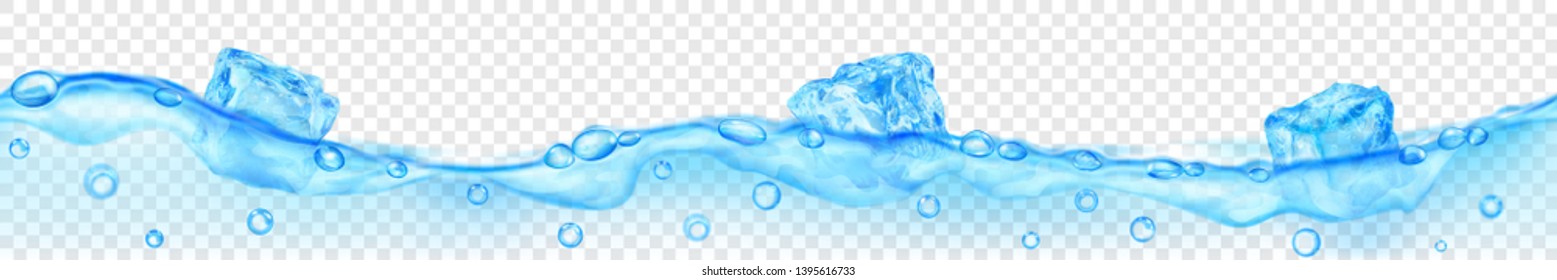 Horizontal banner with seamless wave. Three translucent light blue ice cubes and many air bubbles floating in water on transparent background. Transparency only in vector format