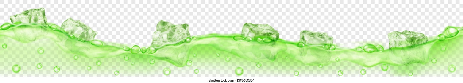 Horizontal banner with seamless wave. Translucent green ice cubes and many air bubbles floating in water on transparent background. Transparency only in vector format