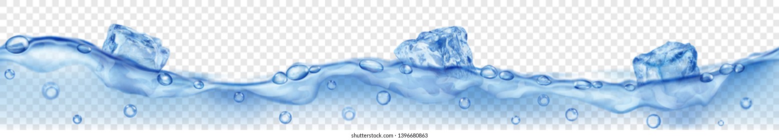 Horizontal banner with seamless wave. Translucent blue ice cubes and many air bubbles floating in water on transparent background. Transparency only in vector format