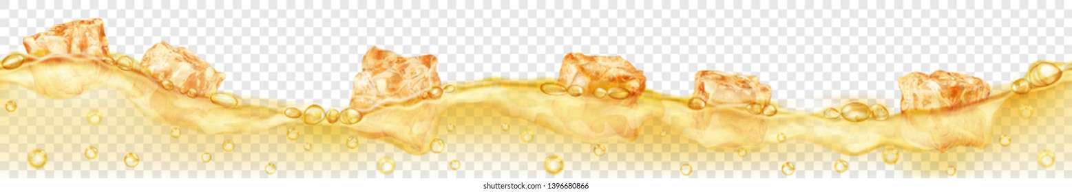 Horizontal banner with seamless wave. Translucent yellow ice cubes and many air bubbles floating in water on transparent background. Transparency only in vector format