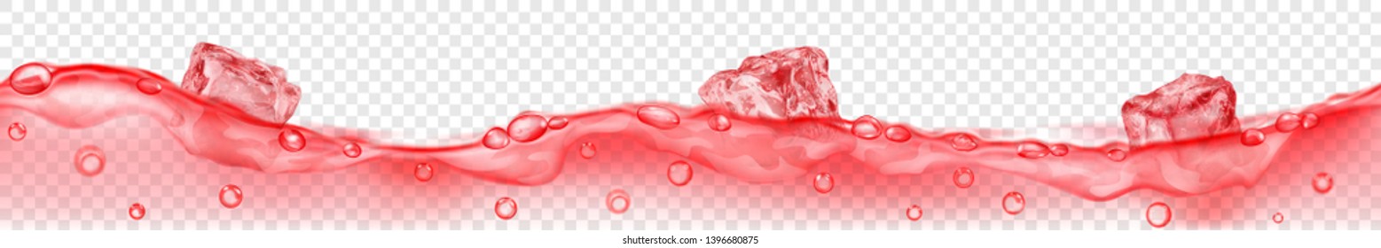 Horizontal banner with seamless wave. Translucent red ice cubes and many air bubbles floating in water on transparent background. Transparency only in vector format