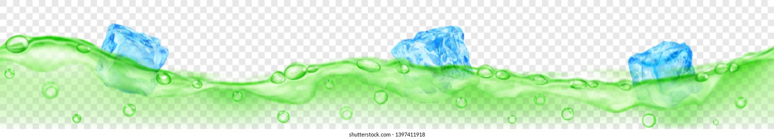 Horizontal banner with seamless wave. Translucent light blue ice cubes and many air bubbles floating in green water on transparent background. Transparency only in vector format