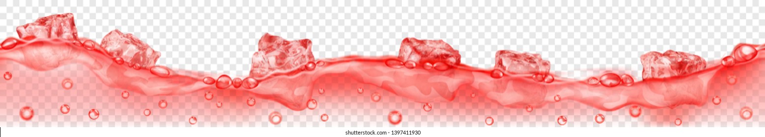 Horizontal banner with seamless wave. Translucent red ice cubes and many air bubbles floating in water on transparent background. Transparency only in vector format