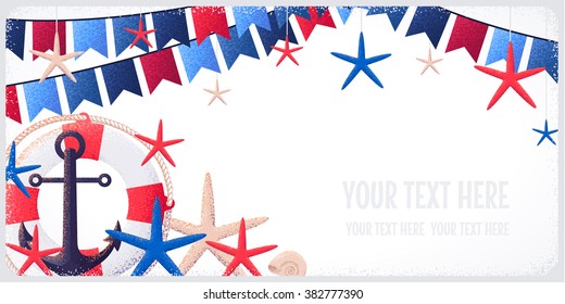 Horizontal banner with seashells, starfishes, life buoy, anchors and flags. Retro vector illustration. Place for your text. Design for invitation, card, poster, flyer, gift certificate