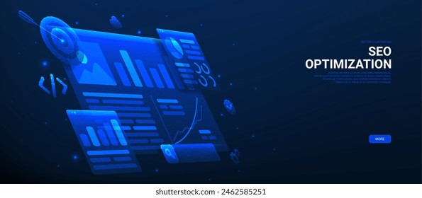 Horizontal banner of SEO Optimization. Web analytics and seo marketing social media. Polygonal vector illustration with analytics search information. Marketing social media concept.