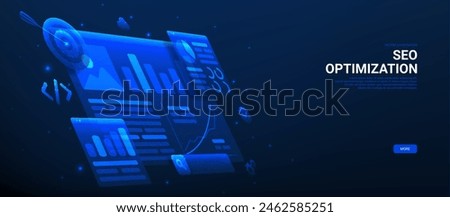 Horizontal banner of SEO Optimization. Web analytics and seo marketing social media. Polygonal vector illustration with analytics search information. Marketing social media concept.