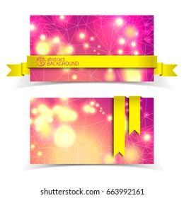 Horizontal banner set with abstract glow rounds on pink background and yellow ribbons vector illustration