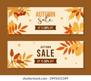 Horizontales Banner-Set für den Herbstverkauf mit Herbstblättern. Vektorgrafik-Vorlagen, ideal für saisonale Rabatte in Geschäften. Perfekt für Herbstverkäufe und Sonderangebote