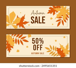 Horizontales Banner-Set für den Herbstverkauf mit Herbstblättern. Vektorgrafik-Vorlagen, ideal für saisonale Rabatte in Geschäften. Perfekt für Herbstverkäufe und Sonderangebote