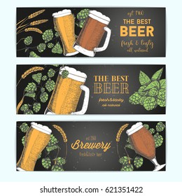 Horizontal Banner set with beer glasses, barley and hops. Vector illustration in sketch style. Hand drawn colorful beer banners. Engraved style image.