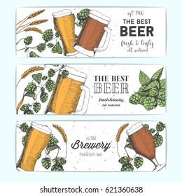 Pancarta horizontal con gafas de cerveza, cebada y lúpulo. Ilustración vectorial en estilo de esbozo. Carteles de cerveza coloridos dibujados a mano. Imagen de estilo grabado