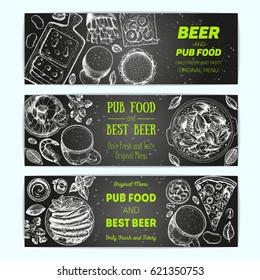 Horizontal Banner set for beer pub or beer restaurant. Vector illustration in sketch style. Hand drawn horizontal banners. Engraved style image.