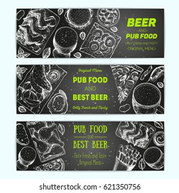 Horizontal Banner set for beer pub or beer restaurant. Vector illustration in sketch style. Hand drawn horizontal banners. Engraved style image.
