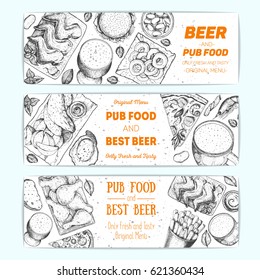Horizontal Banner set for beer pub or beer restaurant. Vector illustration in sketch style. Hand drawn banners. Engraved style image