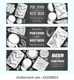 Horizontal banner set for beer pub or beer restaurant. Vector illustration in sketch style. Hand drawn horizontal banners. Engraved style image.