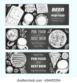Horizontal Banner set for beer pub or beer restaurant. Vector illustration in sketch style. Hand drawn horizontal banners. Engraved style image.