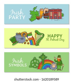 Horizontal banner set for day of Saint Patrick. St. Patrick s day banners set vector illustration. Horizontal flyers design for irish party