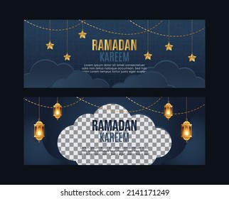 Horizontal Banner Set Design about Ramadan with Dark Blue Gradient Theme