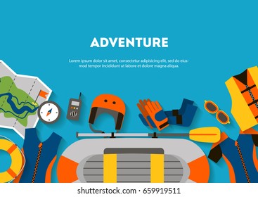 Horizontal banner set equipment for sports and outdoor activities flat design with shadow. Boat, clothes, compass and map for rafting. For website, print and advertising, vector illustration