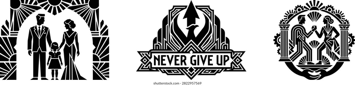 Horizontal banner set featuring retro family silhouettes motivational eagle emblem and industrial couple handshake icons.
