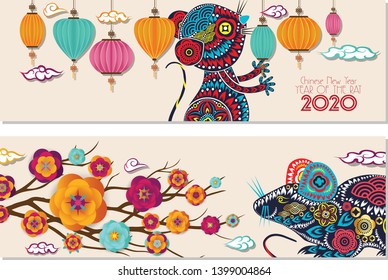 Horizontal Banner Set with Hand Drawn. Year of the rat