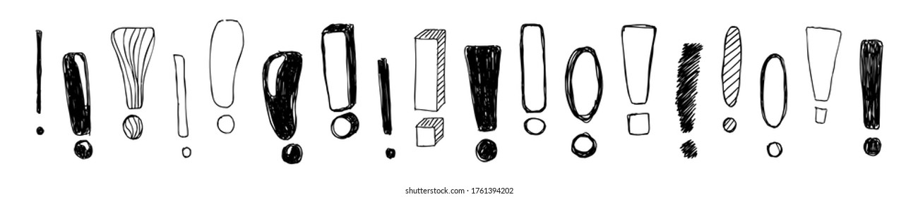 Horizontal banner. Set of hand drawn Sketch exclamation marks. Vector illustration