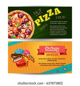 Horizontal banner set with hot tasty pizza and fresh bakery