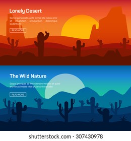 Horizontal banner set with lonely desert and wild nature isolated vector illustration