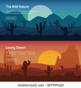 Horizontal banner set with lonely desert and wild nature isolated vector illustration